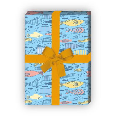 Hellblaues Geschenkpapier mit lustigen Doodle Fischen - G12337, 32 x 48cm