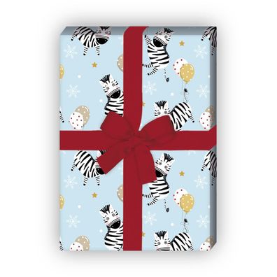 Hellblaues Kinder Geschenkpapier mit Zebras und Ballons - G12342, 32 x 48cm