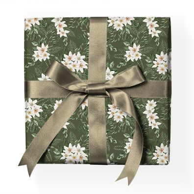 Feines florales Geschenkpapier mit gemalten Blumen und Blüten, grün weiß - G22118, 32