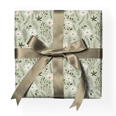 Feines florales Geschenkpapier mit zarten Blumen und Blüten, grün weiß - G22119, 32 x