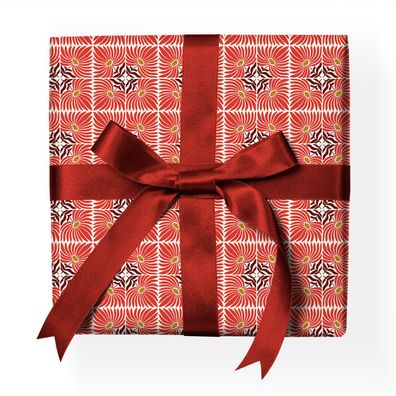 Jugendstil Grafisches Geschenkpapier mit Art Deko Blumen Quadraten, rot - G22146, 32