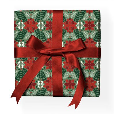 Klassisches Weihnachts Geschenkpapier mit grafischem Weihnachtsstern Muster, grün rot