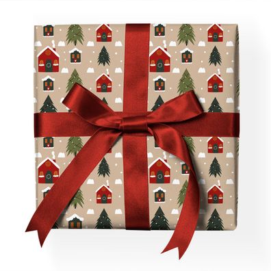 Grafisches Weihnachts Geschenkpapier mit Weihnachtsbaum und Winter Häuser Muster, bei
