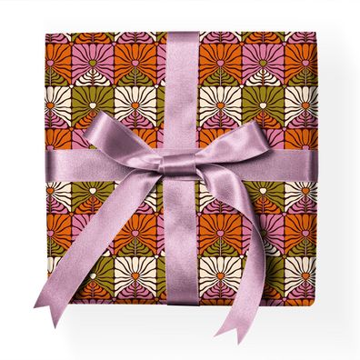 Grafisches Jugendstil Tolles Geschenkpapier mit Herz Blumen, orange rosa - G22168, 32