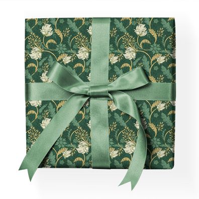 Florales Jugendstil Geschenkpapier mit Tulpen und Blatt Ranken, grün - G22184, 32 x 4