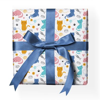 Fröhliches Katzen Geschenkpapier mit Kätzchen, Fischen & Woll-Knäuel, beige, grau - G