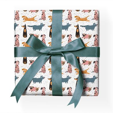 Fröhliches Tier Geschenkpapier mit süßen Hunden, weiß - G23028, 32 x 48cm