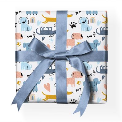 Herziges 70s Hunde Geschenkpapier mit Pudel, Terrier, weiß - G23045, 32 x 48cm