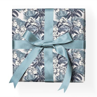 Exotisches Tropen Geschenkpapier mit Palm-Wedeln Blüten, blau - G23076, 32 x 48cm