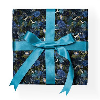 Klassisches Vogel Geschenkpapier mit Eisvögeln und Rosen, blau - G23080, 32 x 48cm