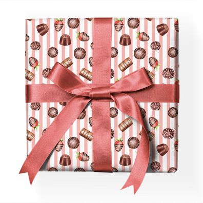 Leckeres Pralinen Geschenkpapier mit Konfekt auf Streifen, rosa - G23081, 32 x 48cm