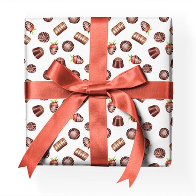 Hübsches Schoko-Pralinen Geschenkpapier mit Konfekt auf Streifen, weiß - G23083, 32 x