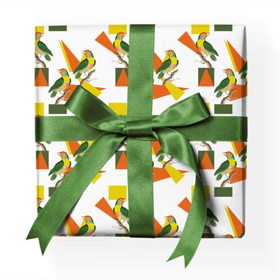 Grafisches Designer Geschenkpapier mit Vögeln, weiß orange - G23087, 32 x 48cm