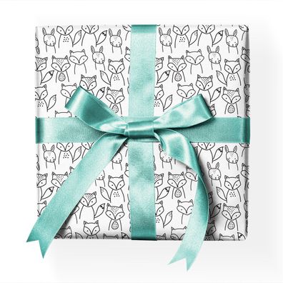 Gezeichnetes Tier Geschenkpapier mit Fuchs und Häschen, weiß - G23094, 32 x 48cm