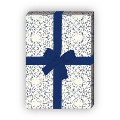Florales Geschenkpapier Set mit klassischen zarten Ornamenten, blau - G8428, 32 x 48c