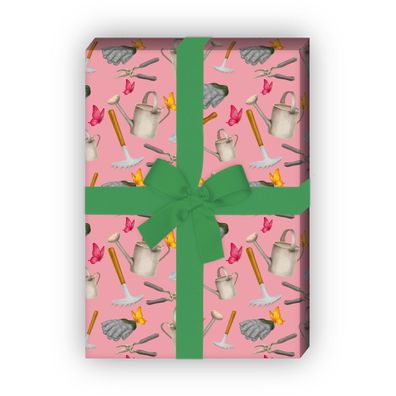 Gärtner Geschenkpapier mit Gießkanne, Rechen und Heckenschere, rosa - G8657, 32 x 48c