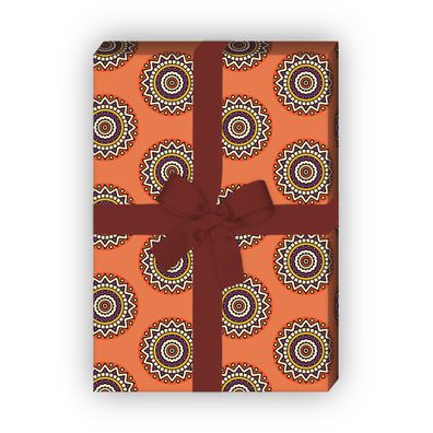 Farbenfrohes ethno Geschenkpapier Set, Dekorpapier mit Kreisen, orange - G8772, 32 x