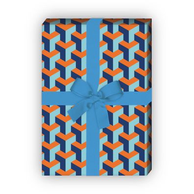 Grafisches Geschenkpapier Set, Dekorpapier mit Escher Treppen Design, blau - G8804, 3