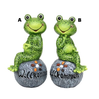 Lustiger Keramik Frosch sitzend auf Stein "WILLKOMMEN" - Figuren Frosch grün