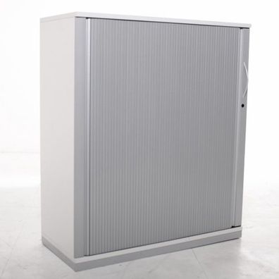 Sideboard 3OH, 116x100cm, Lichtgrau/ Silber/ Holz, Lamellenschiebetür, Metallböden, g
