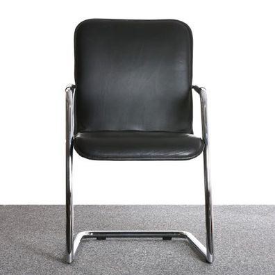 Freischwinger Stuhl, Leder schwarz, verchromtes Gestell, gebraucht