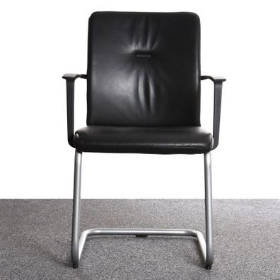 Steelcase Stuhl, Freischwinger, Kunstleder schwarz, Zierknopf im Rücken, Gestell silb