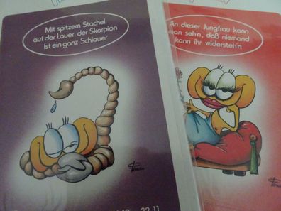 alte Grußkarten Carton Pillhuhn Krauss Sternzeichen Skorpion Jungfrau Humor DM-Zeit