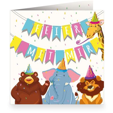Fröhliche Einladungskarte zum Kinder Geburtstags mit Innendruck mit Bär, Löwe, Elefan