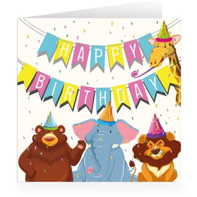Fröhliche Kinder Geburtstags Glückwunschkarte mit Bär, Löwe, Elefant & Giraffe in Par