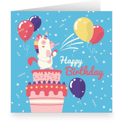 Komische quadratische Geburtstagskarte mit Einhorn auf Torte: Happy Birthday