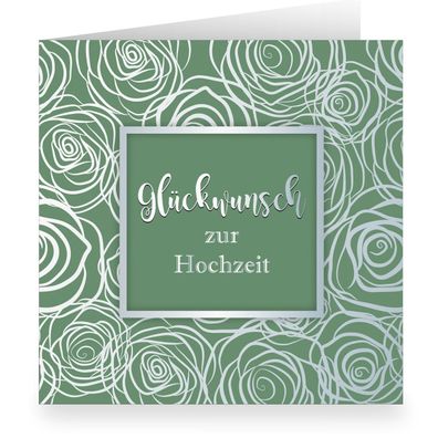 Grüne Hochzeitskarte mit Rosen Blüten modern üppig in Silber Optik innen weiß: Glückw