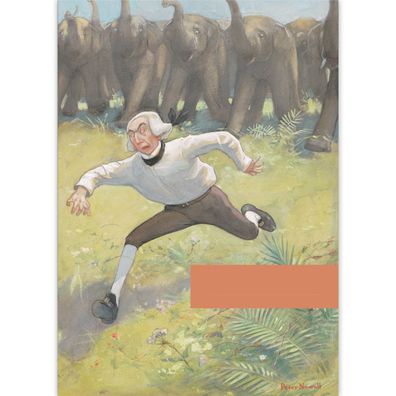 Lustiger DIN A3 Malblock Kunst Motiv Peter Newell: vor Elefanten flüchtender Mann, c.