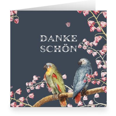 Klassisch blaue quadratische Vintage Dankeskarte mit edlen Papageien: Danke schön