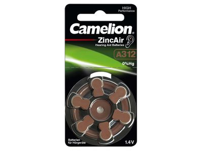 Knopfzelle Camelion, A312, Zink-Luft, 6er-Blister