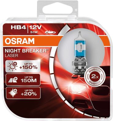 Osram HB4 Night Breaker Laser Halogen Leuchtmittel 51 Watt, Xenon Optik, weiß 150%