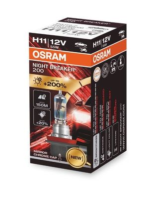 Osram H11 Night Breaker 200, Xenon Optik Leuchtmittel Weiß 55 Watt, 200%