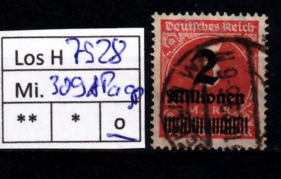 Los H7928: Deutsches Reich Mi. 309 A Pa, gest., gepr. INFLA