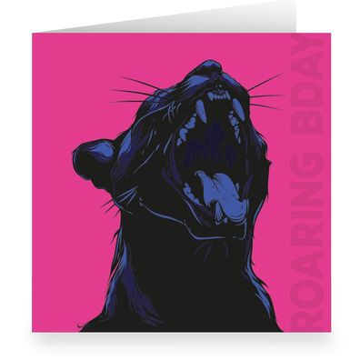 Coole pinke quadratische Popart Geburtstagskarte mit Panther: Roaring Bday - Q12198