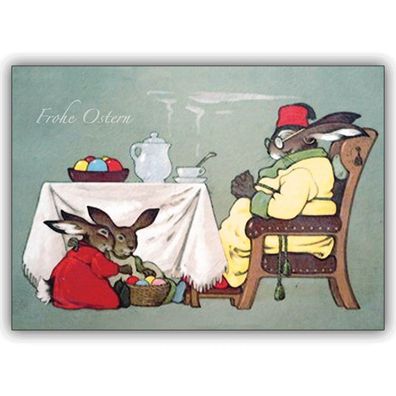 5x Oster Grusskarten mit Hasen beim Oster Frühstück ? Klappkarten Set mit Umschlägen