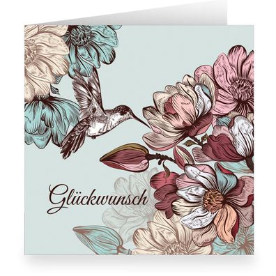 Edle vintage Blumen Glückwunschkarte mit Kolibri innen weiß: Glückwunsch - Q12113