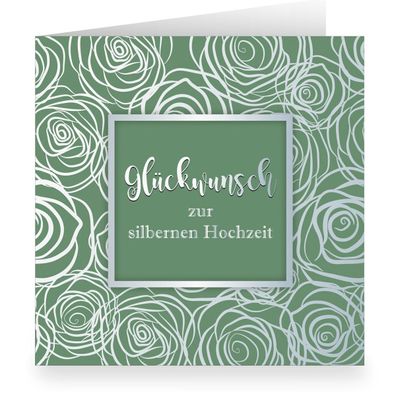 Elegante grüne Rosen Blüten Grußkarte modern üppig in Silber Optik innen weiß: Glückw