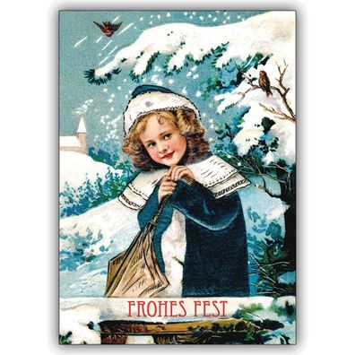 5x Weihnachts Karten mit Vintage Motiv: Mädchen im Schnee - Premium Weihnachts Grußka
