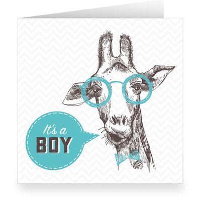 Coole hellblaue, quadratische Designer Babykarte mit Giraffe: It's a boy - Q12205