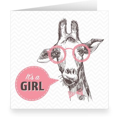 Coole rosa, quadratische Designer Babykarte mit Giraffe: It's a girl - Q12206