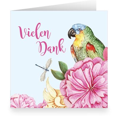 Edle quadratische Vintage Dankeskarte mit Papagei zwischen Blumen: Vielen Dank - Q121