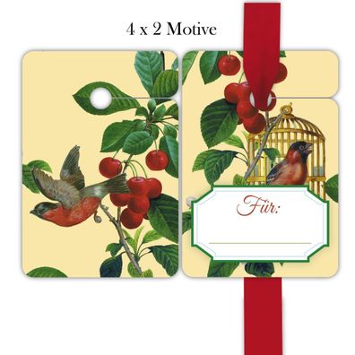8 elegante, gelbe "Apfelkirsch" Geschenkanhänger mit Vögelchen: Für, passend zu Gesch