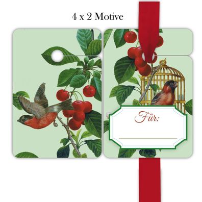 8 elegante, grüne "Apfelkirsch" Geschenkanhänger mit Vögelchen: Für, passend zu Gesch