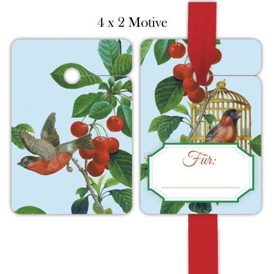 8 elegante, hellblaue "Apfelkirsch" Geschenkanhänger mit Vögelchen: Für, passend zu G
