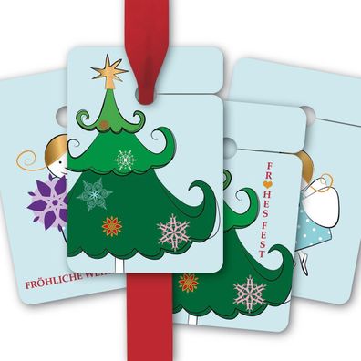 8 Geschenkanhänger mit Tannenbaum und Engel: Fröhliche Weihnachten - 1 A3251