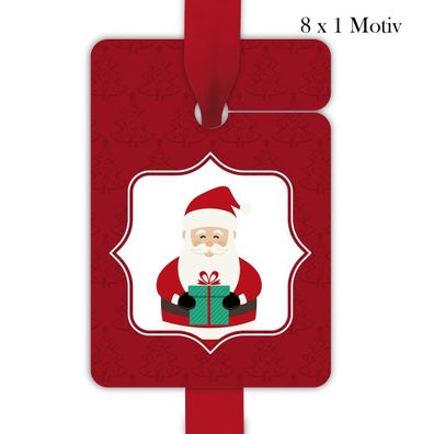 8 klassische rote Weihnachts Geschenkanhänger zu Weihnachten mit süßem Weihnachtsmann